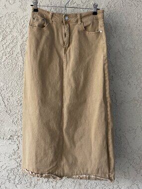 Tan Denim Maxi Skirt Raw Hem Khaki Jean Long Skirt 90s Minimalist Small